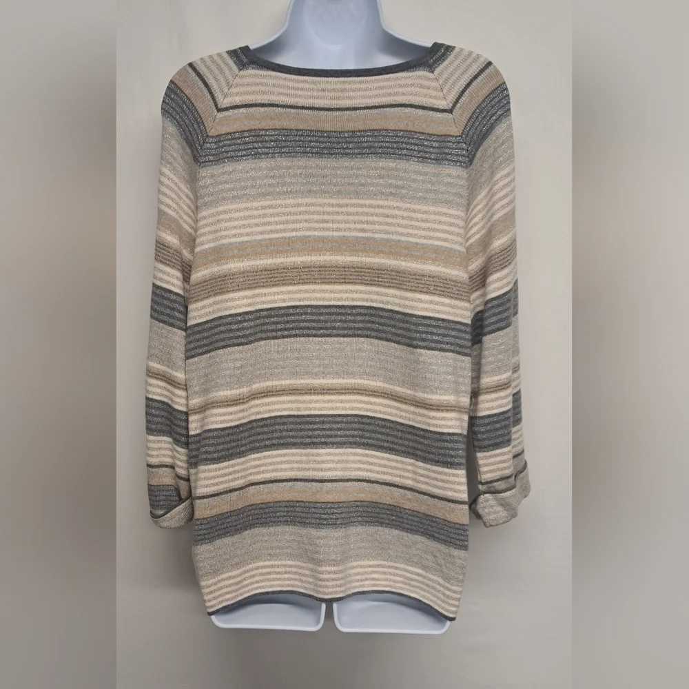 Croft & Barrow XL Pullover Sweater 3/4 Sleeve Striped Metallic Front Pockets